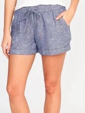 Old Navy Women's Linen Blend Chambray Blue Pull On Shorts Pockets Size Large
